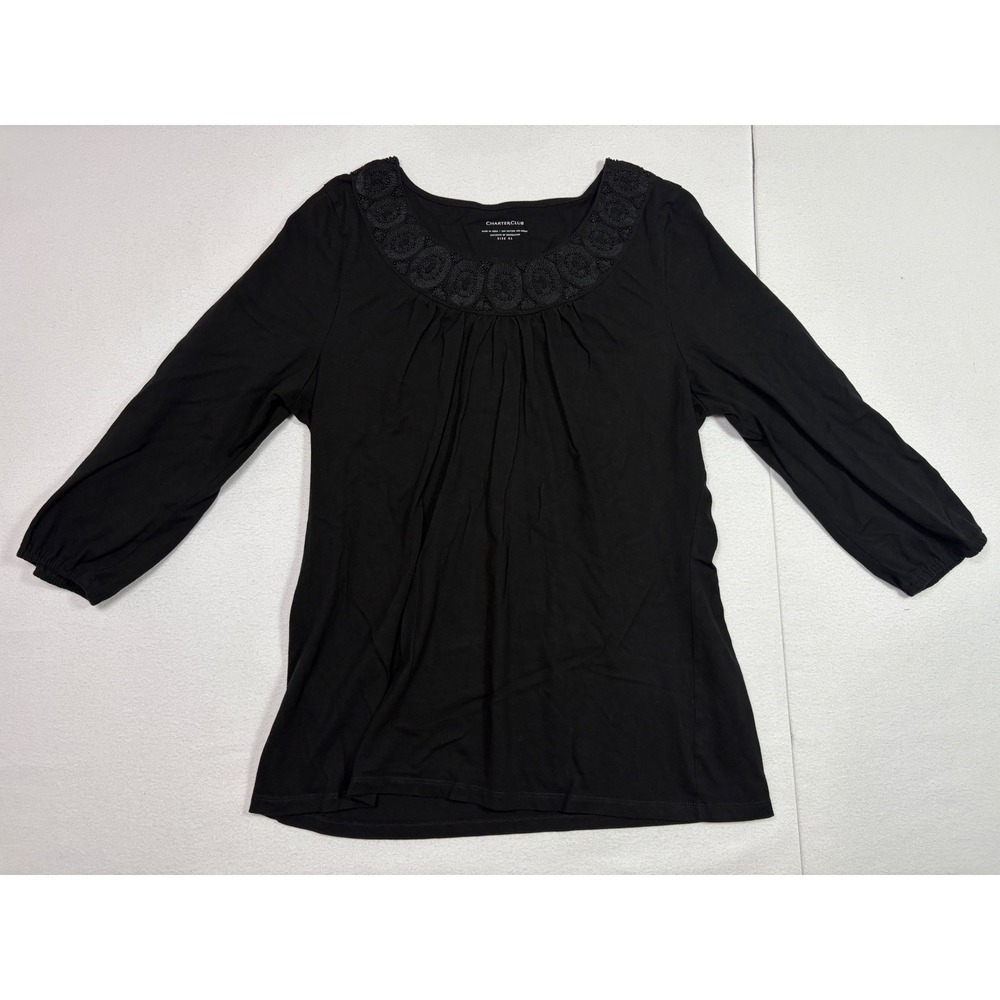Charter Club Womens XL Black Beaded Scoop Neck 3/4 Sleeve Cotton Modal Blouse